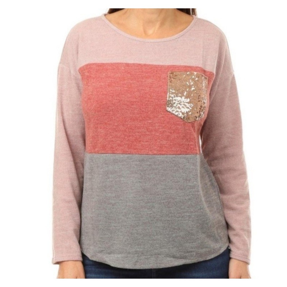Corvia Women's LongSleeve‎ Colorblock Sequins Poket Top Corvia Size Plus 2X